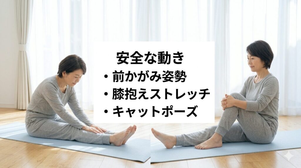 脊柱管狭窄症に安全なストレッチ 前かがみ姿勢 膝抱え キャットポーズ