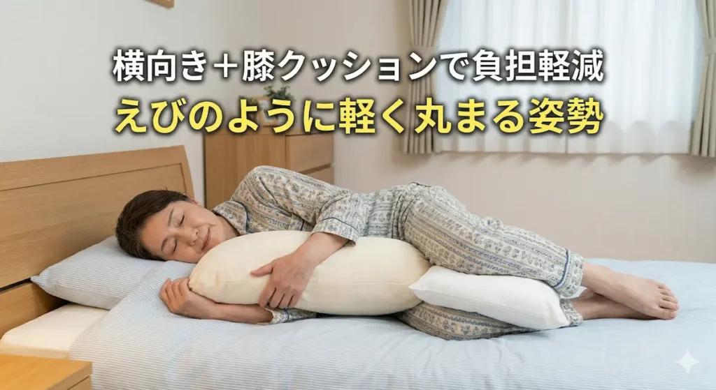 脊柱管狭窄症で楽な横向きの寝方｜膝の間にクッションを挟んで腰の負担を減らす姿勢
