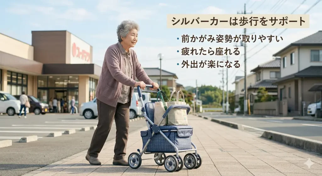 脊柱管狭窄症 シルバーカーを使って歩く高齢女性 前かがみ姿勢で歩行補助
