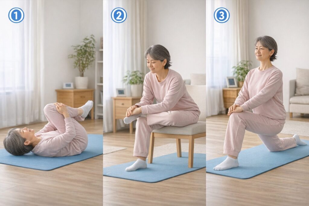 脊柱管狭窄症におすすめのストレッチ3選（両膝抱え・梨状筋・腸腰筋）を分かりやすく解説した画像