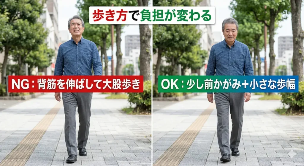 脊柱管狭窄症の歩き方 NGとOKの比較 背筋を伸ばした大股歩きと前かがみ小歩幅の違い