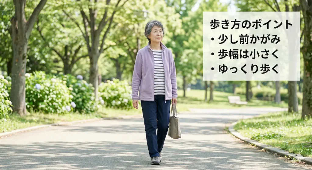脊柱管狭窄症の正しい歩き方 少し前かがみで小さい歩幅で歩く高齢女性