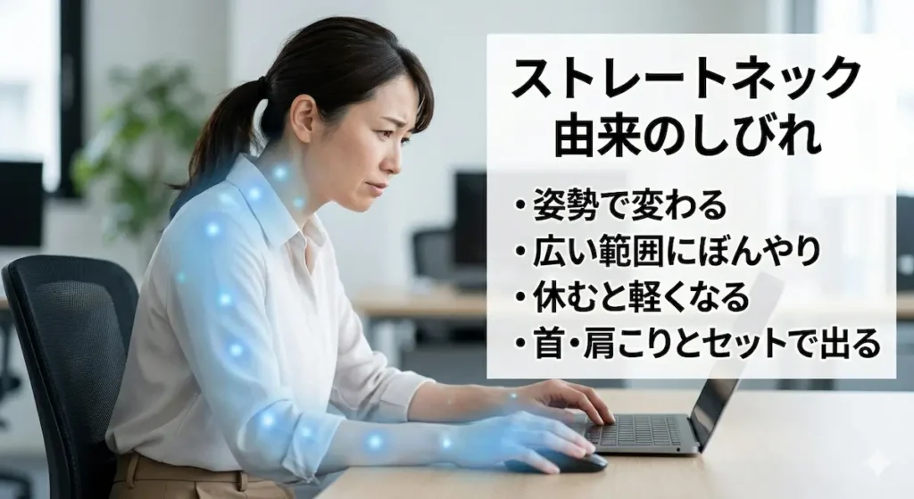 デスクワーク姿勢によって起こるストレートネック由来の手のしびれのイメージ