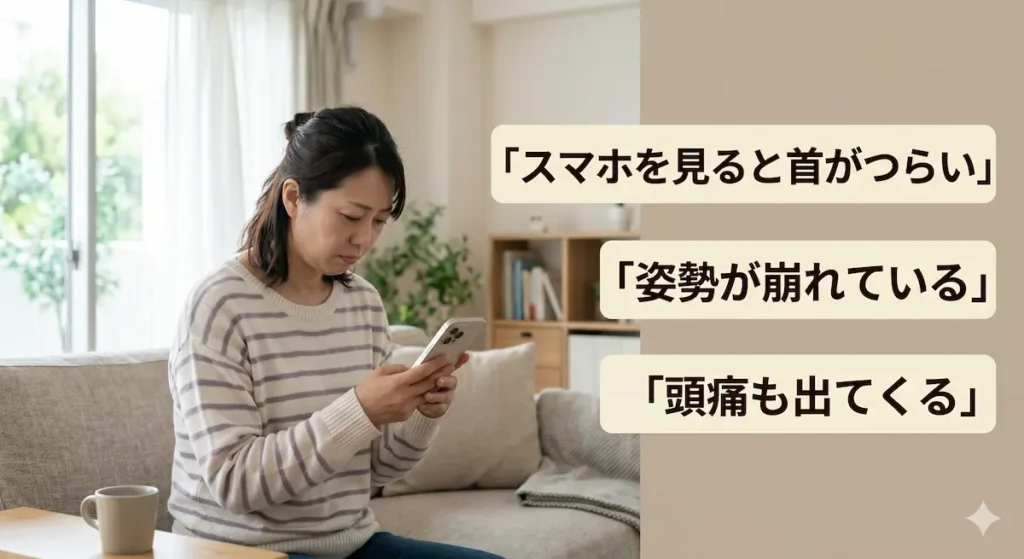 スマホ使用でストレートネックになり首の痛みや頭痛に悩む20代女性