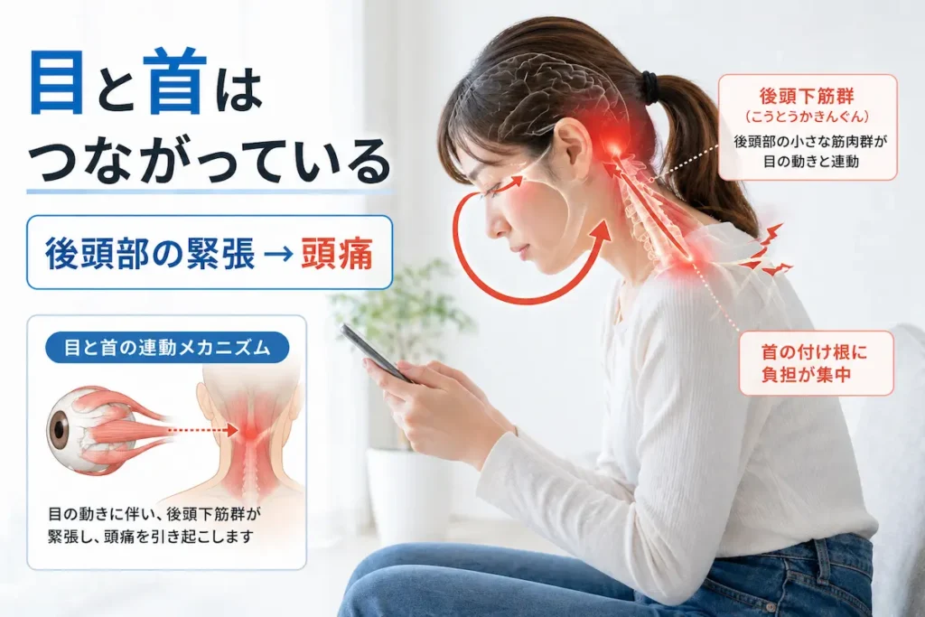 後頭下筋群の緊張が目の疲れと頭痛を引き起こすイメージ