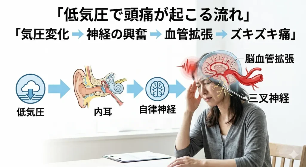 低気圧による偏頭痛のメカニズム図解