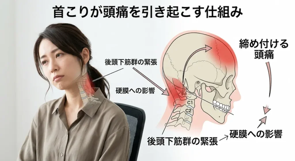 緊張型頭痛の原因である後頭下筋群と硬膜の関係を示した図解