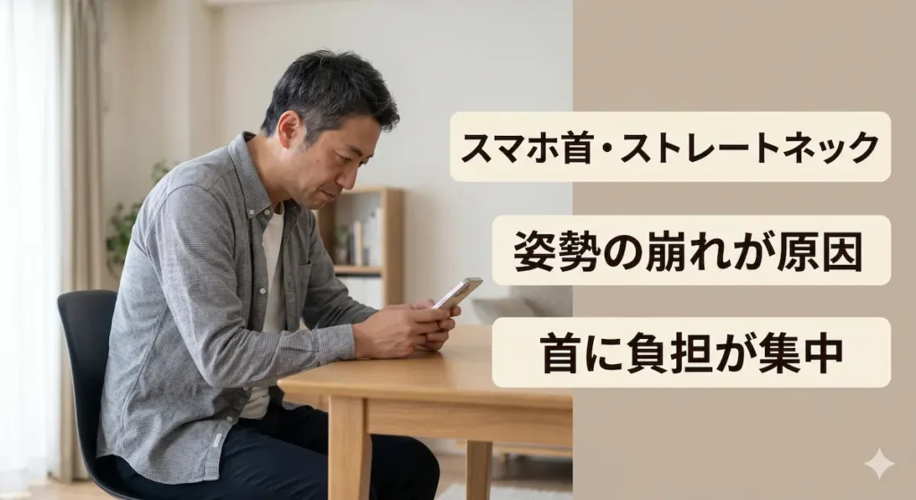 スマホ使用によるストレートネックで頭が前に出ている姿勢の40代男性