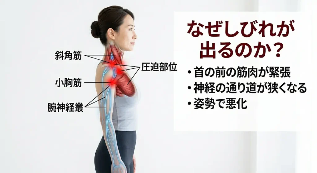 斜角筋と小胸筋の緊張により神経が圧迫され手のしびれが起こる仕組みの図