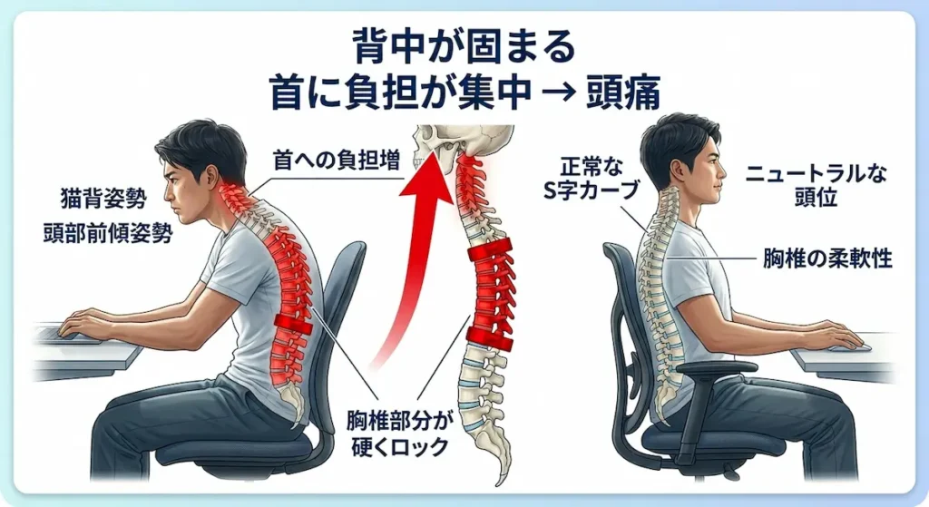 胸椎の硬さが首に負担をかけ頭痛につながる仕組み