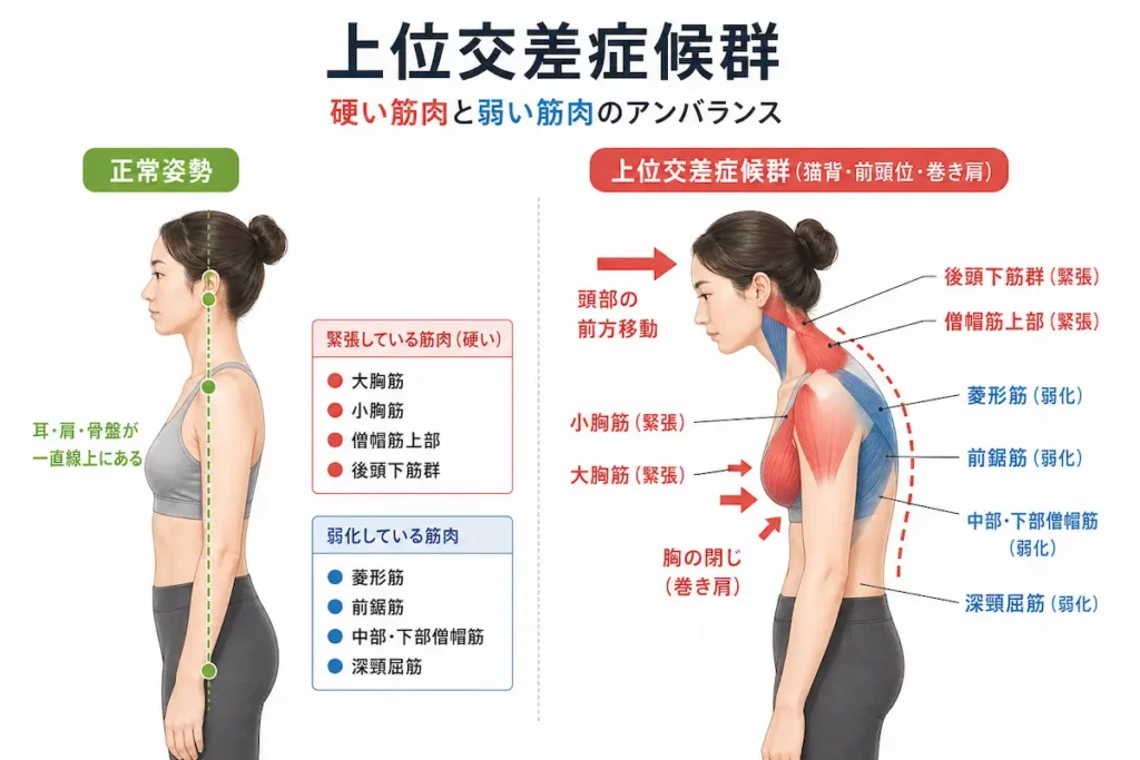 上位交差症候群による猫背と筋バランスの図解