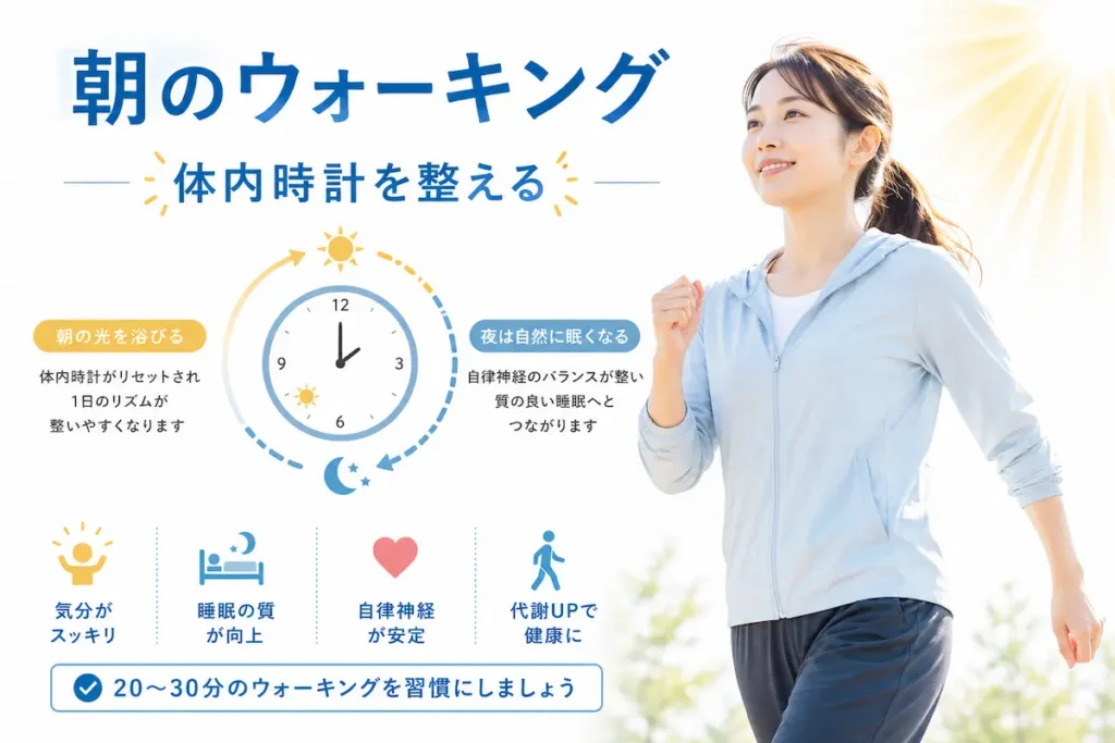 朝のウォーキングで体内時計を整える様子