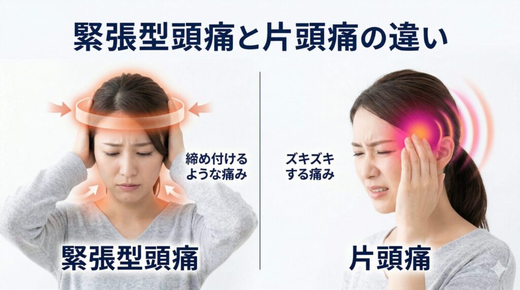 緊張型頭痛と片頭痛の違いを示した図解