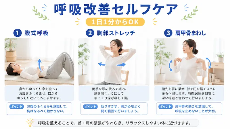 肩こり改善を目指す腹式呼吸・胸郭ストレッチ・肩甲骨まわし