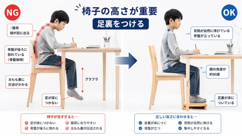 椅子が高すぎる姿勢と適切な高さの椅子を比較した図
