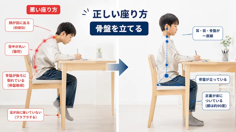 悪い座り方と正しい座り方を比較した子供の勉強姿勢