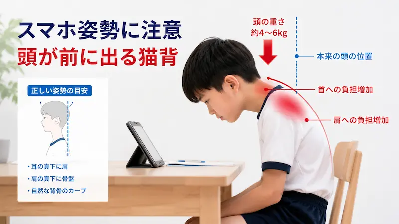 タブレット使用で頭部前傾になっている小学生男児