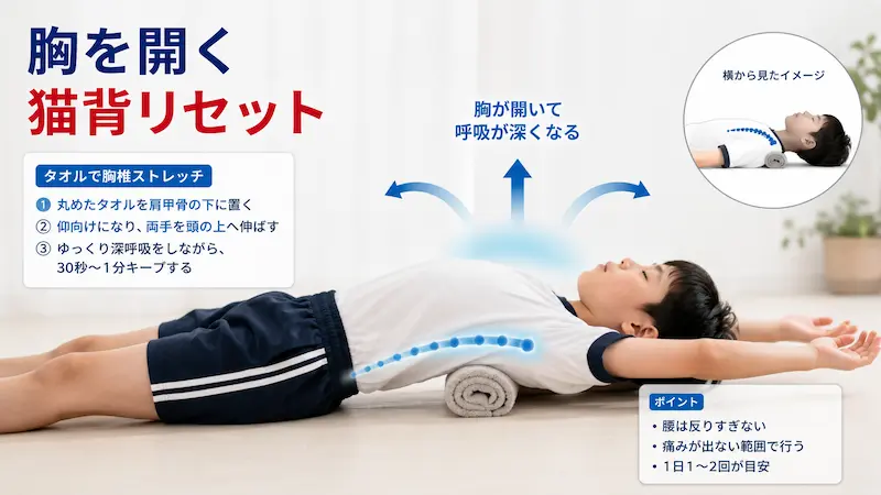 タオルを使って胸椎ストレッチを行う小学生男児