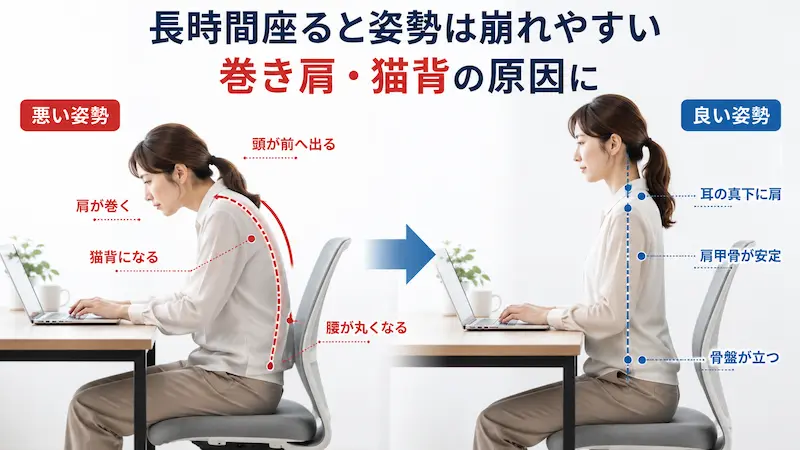 デスクワークによって巻き肩や猫背になっている女性
