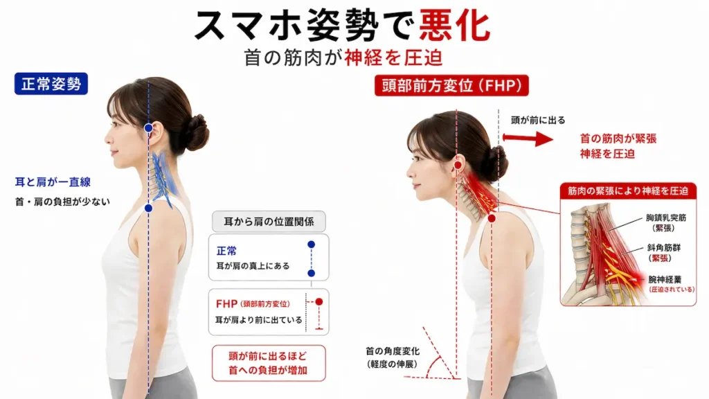頭部前方変位により斜角筋が緊張し神経が圧迫される姿勢