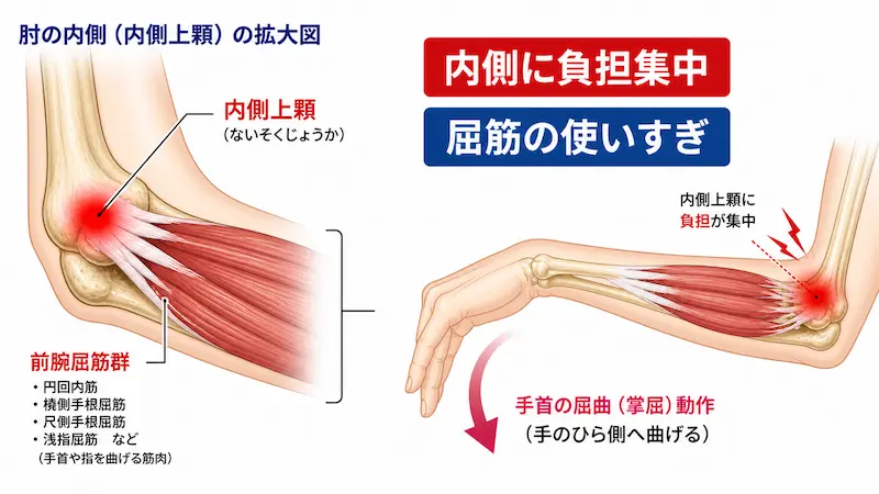 ゴルフ肘の原因となる前腕屈筋群と内側上顆