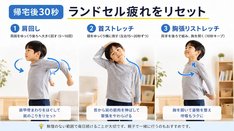 ランドセル後の肩回しと首ストレッチを行う小学生男児