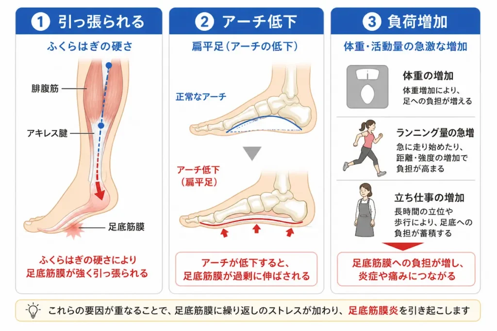 足底筋膜炎の原因（ふくらはぎの硬さ・アーチ低下・負荷増加）