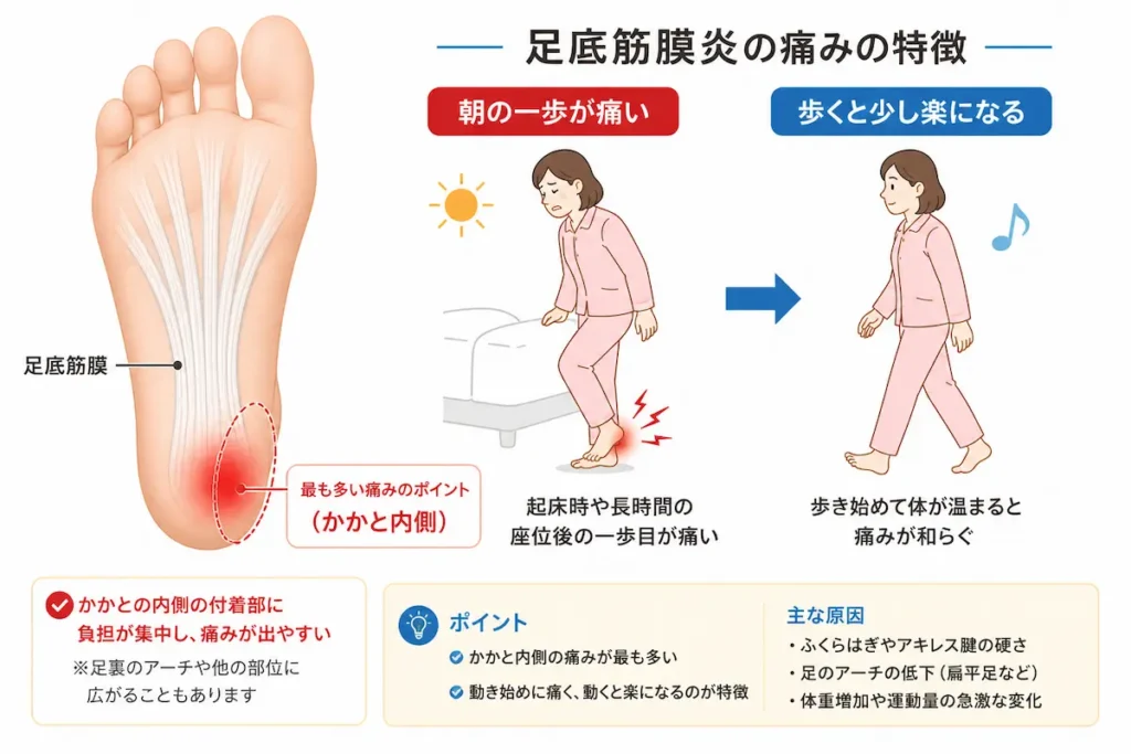 足底筋膜炎の痛みの場所（かかと内側に多い）を示した図