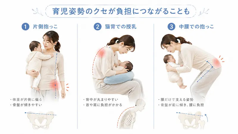 産後の腰痛につながりやすい育児姿勢の例