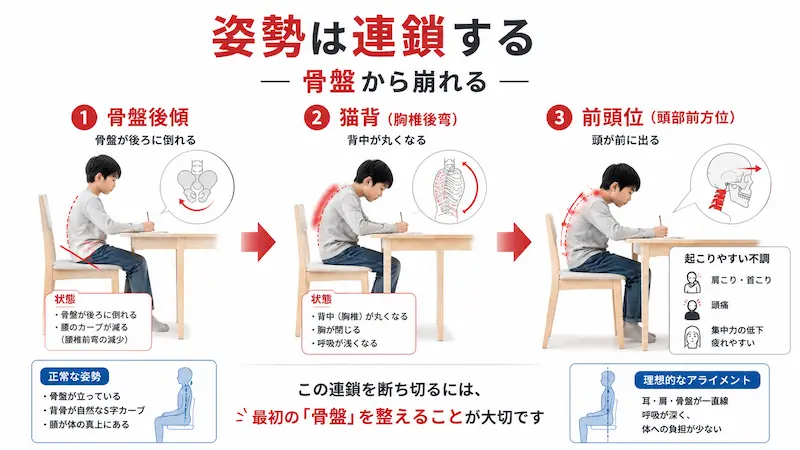 骨盤後傾から猫背と前頭位へ連鎖する姿勢変化の図解