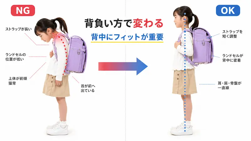 ランドセルのNGな背負い方と正しい背負い方の比較
