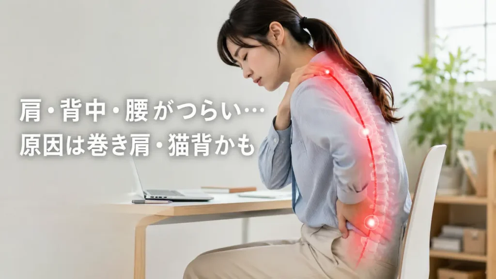 巻き肩と猫背によって肩こり・背中の張り・腰の張りが起きている女性