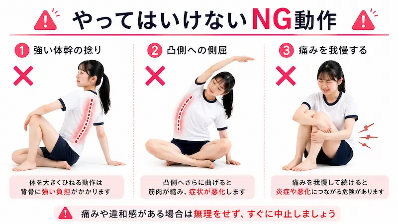 側弯症で避けるべきNG動作(体幹の捻り・無理な側屈・痛みの我慢)