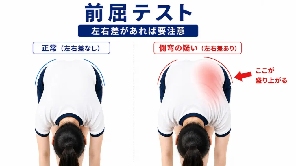 学校健診で行う側弯症の前屈テストと肋骨隆起