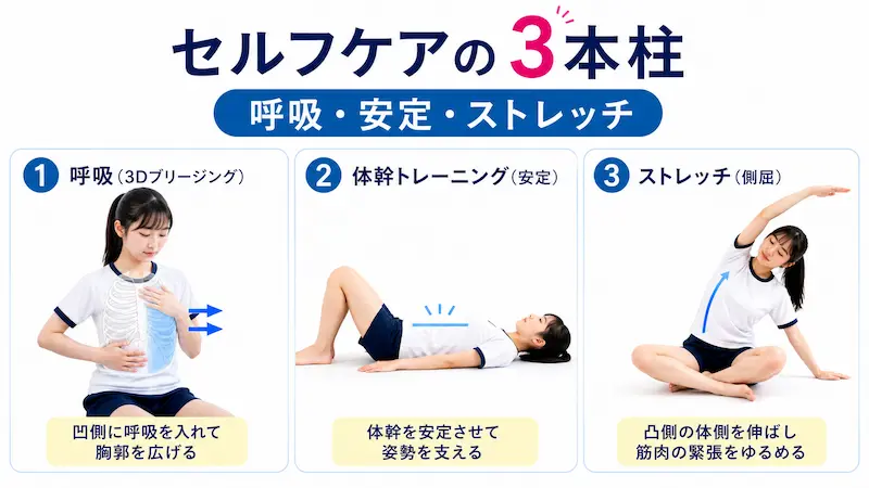 側弯症セルフケアの3本柱(呼吸・体幹トレーニング・ストレッチ)