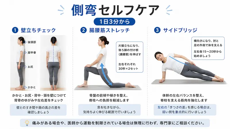 側弯症のセルフケア（壁立ち・ストレッチ・体幹）
