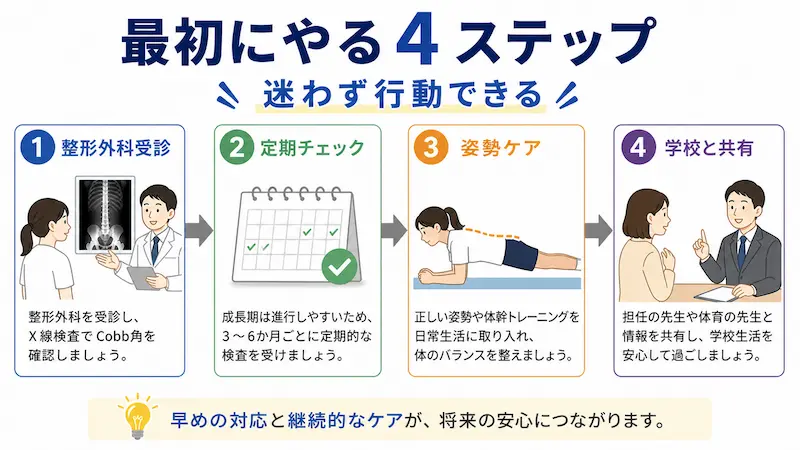 側弯症 指摘後 行動ステップ