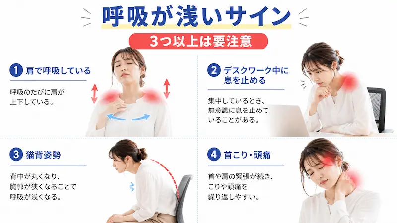 肩で呼吸する・息を止める・猫背など呼吸が浅い人の特徴