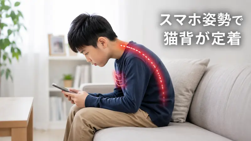 スマホ操作で猫背になっている子供の姿勢