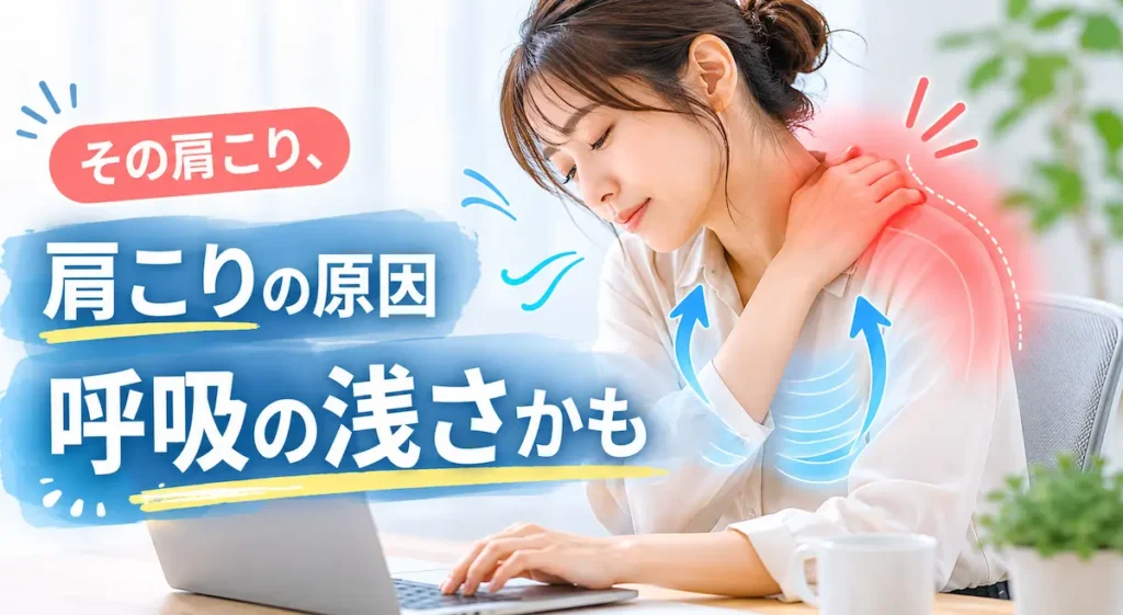 呼吸が浅くなり首肩こりを感じるデスクワーク中の女性