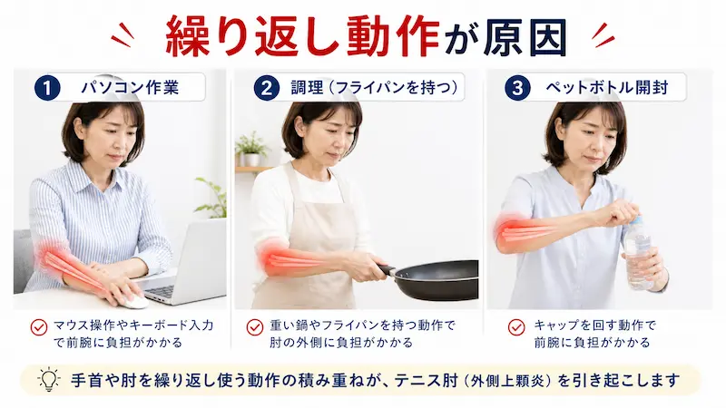 テニス肘の原因|パソコン・調理・日常動作による前腕への負担