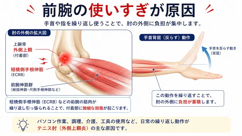テニス肘の原因|短橈側手根伸筋(ECRB)と外側上顆への負担メカニズム