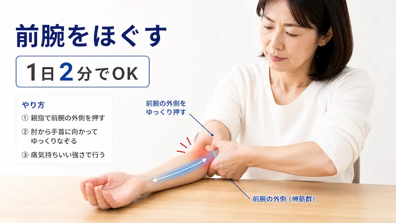 テニス肘に効果的な前腕外側のセルフマッサージ方法（親指で押す）