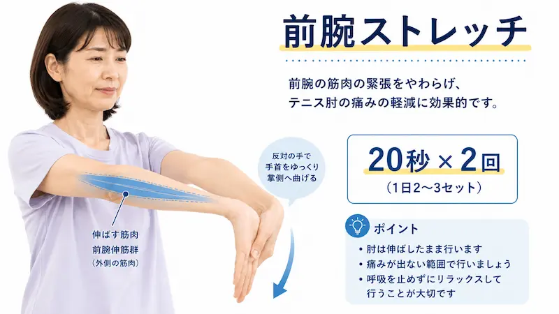 テニス肘のセルフケア|前腕ストレッチの正しい方法(手首を掌側へ曲げる)