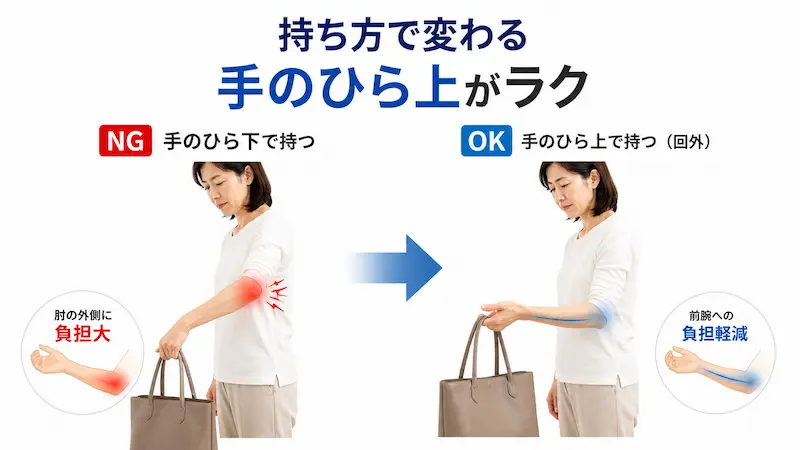 テニス肘を悪化させない持ち方（手のひら上と下の比較）