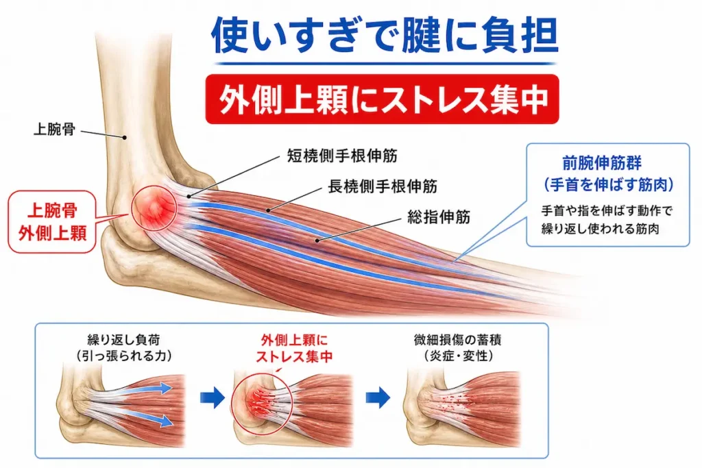 テニス肘の原因である前腕伸筋群と外側上顆への負担の図解