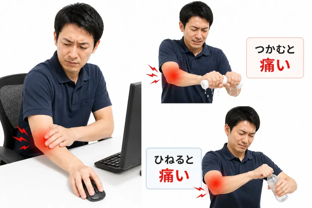 テニス肘で物をつかむ・絞る動作で肘外側が痛む様子
