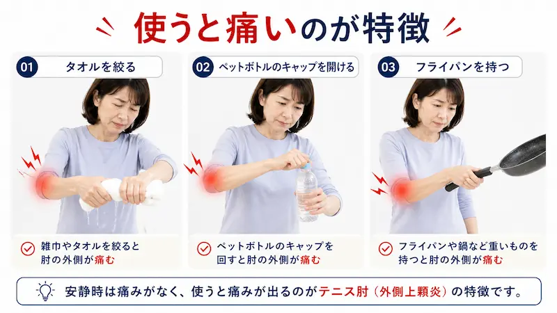 テニス肘の症状|使うと肘の外側が痛む動作(タオル・ペットボトル・フライパン)