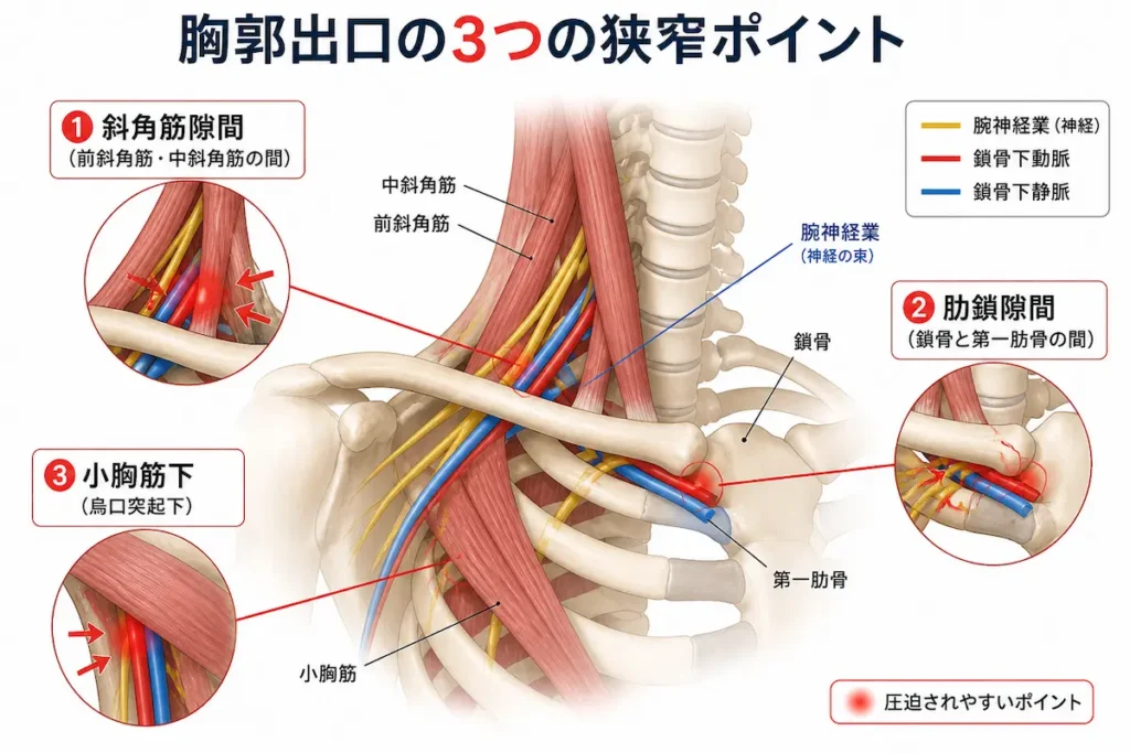 胸郭出口の3つの狭窄ポイントと神経血管の通り道を示した図