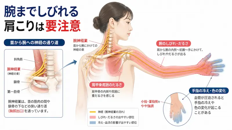 胸郭出口症候群による腕から手へのしびれの分布（小指・薬指側）